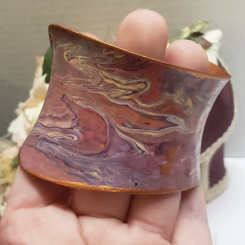 Hand Painted Acrylic Pour Pink Purple & Copper Metallic Swirl Cuff Bracelet